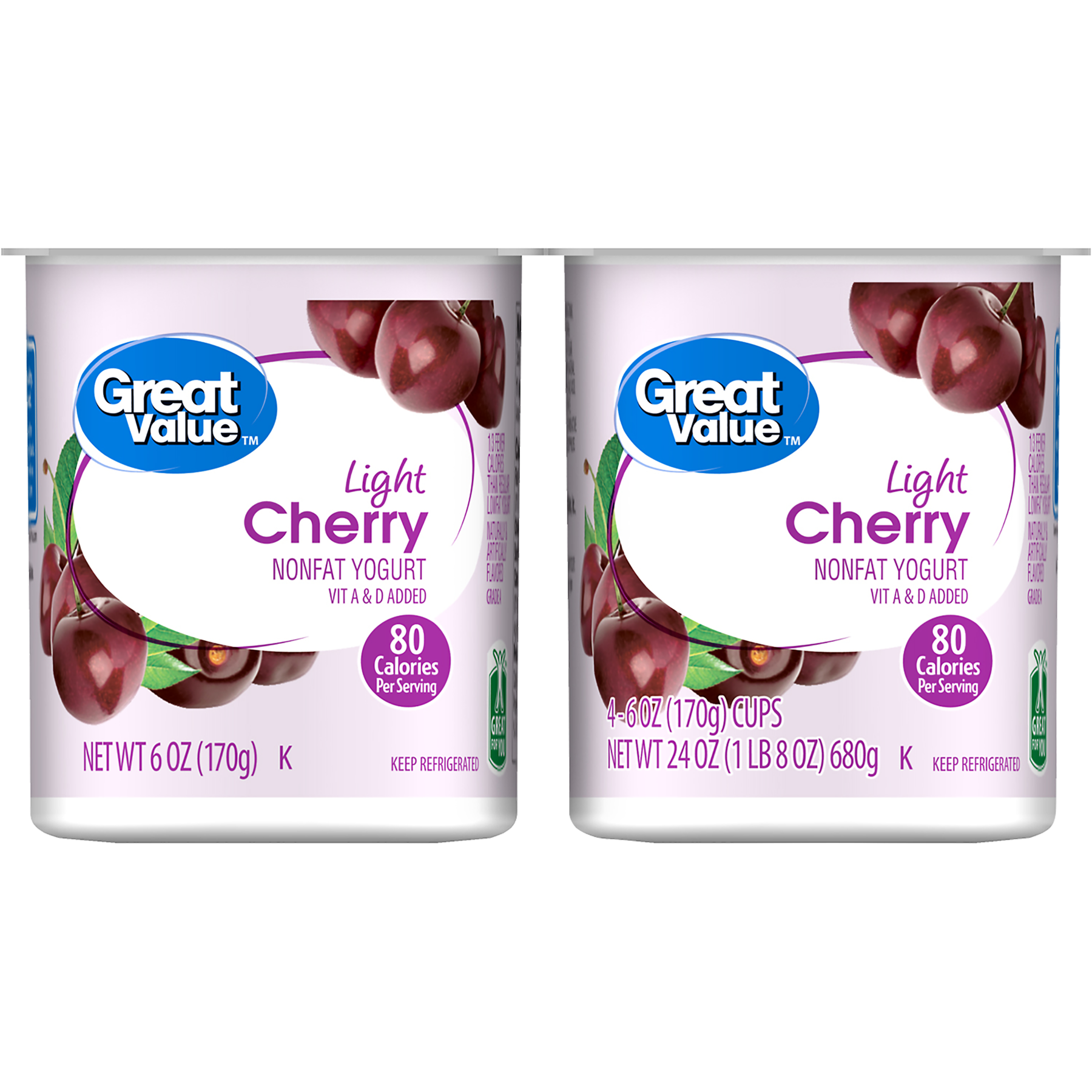 Great Value Light Cherry Nonfat Yogurt, 6 Oz, 4 Ct Image