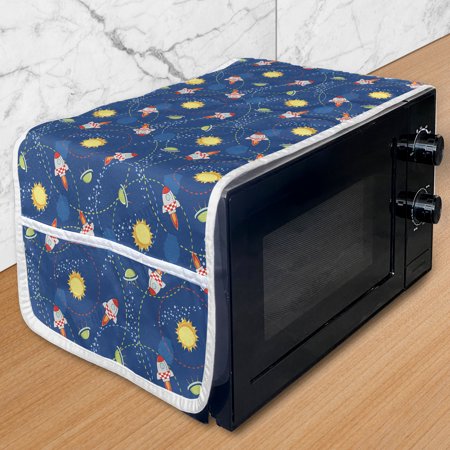 Space Microwave Oven Cover  Little Cartoon Rocket with Circular Flight Path and UFOs Sun Polka Dots Skyline  Water Resistant Organizer with Pockets fo