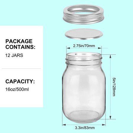16 Oz Mason Jars  12 Pack 500ml Glass Canning Jars with Regular Mouth Lids  Glass Jars Storage Containers for Overnight Oats  Jam  Jelly  Honey  Beans