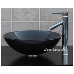 1/2 Thick Clear Black Glass Vessel Sink + C1 Chrome Faucet, Pop up Drain & Mounting Ring