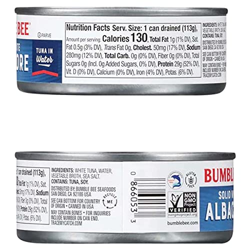 Bumble Bee Solid White Albacore Canned Tuna Fish in Water - Wild Caught, Dolphin Safe, Low Sodium, Gluten Free, Non-GMO - 5 Oz. Cans (2 Count) thumbnail