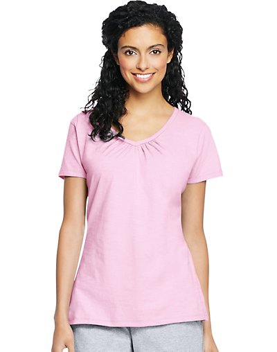 Hanes Women's Slub Jersey Shirred V-neck Tee Paleo Pink S