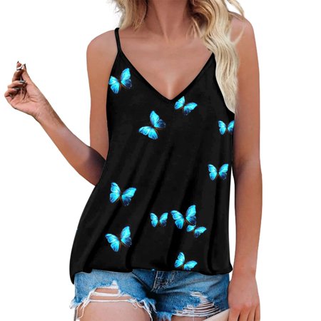 Womens Casual Comfortable Sling Print Sleeveless V Neck Top Blouse Summer Cute Graphic Tees Tops Sexy Workout T-Shirts Going Out Y2k Tshirts A611-4579