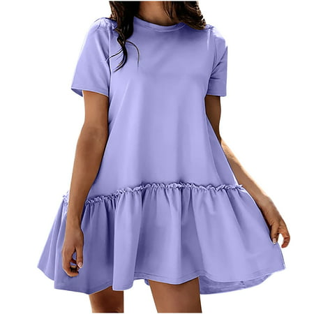 Womens Casual Solid Color Round Neck Short Sleeve Dress Sexy Summer Boho Floral Formal Sundresses Wedding Guest Prom Bodycon Cocktail Dresses A68-5105