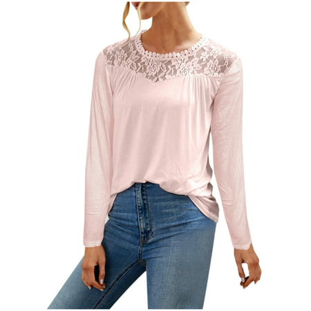 Womens Solid Lace Long Sleeve Lace Patchword O Neck T-Shirt Blouse Summer Sexy Workout T-Shirts Ladies Going Out Party Prom Tshirts A526-9335