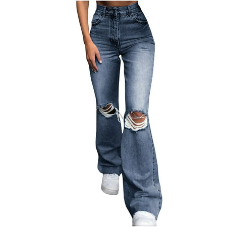 Ladies Spring and Autumn Denim Wide Leg Pants Ripped Shrink Jeans 2292
