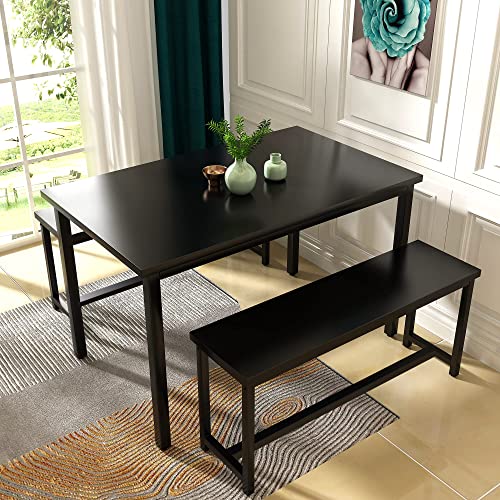 AWQM Dining Table Set for 4, Kitchen Table Set with 2 Benches, 47.2Inch 3-Piece Dining Room Table Set with Metal Frame and MDF Board, Sturdy Structure