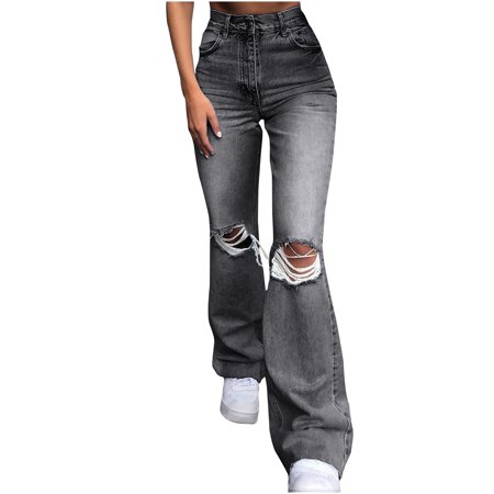 Ladies Spring and Autumn Denim Wide Leg Pants Ripped Shrink Jeans 2292