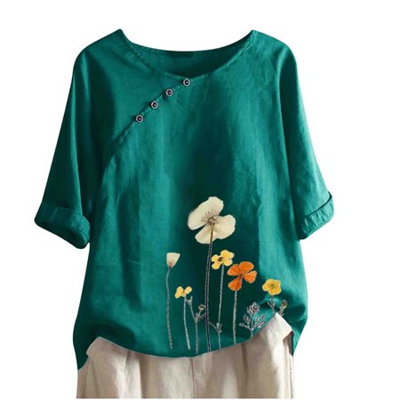 Womens Casual O Neck 3/4 Sleeve Loose Shirt Retro Blouse Summer Cute Graphic Tees Sexy Workout T-Shirts Tops Ladies Going Out Party Tshirts A531-4973