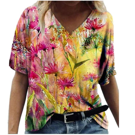 Womens Casual Short Sleeve V Neck Blouse T Shirt Summer Cute Graphic Tees Sexy Workout T-Shirts Tops Ladies Going Out Party Tshirts A531-45988