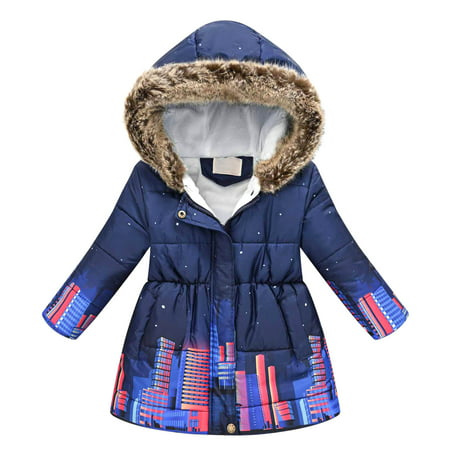 Kids Jackets for Girls Boys Toddler Baby Winter Fleece Hooded Printed Hooded Jacket Casual Zip Jacket Outerwear