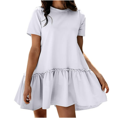 Womens Casual Solid Color Round Neck Short Sleeve Dress Sexy Summer Boho Floral Formal Sundresses Wedding Guest Prom Bodycon Cocktail Dresses A68-5105