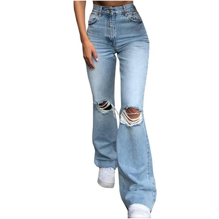 Ladies Spring and Autumn Denim Wide Leg Pants Ripped Shrink Jeans 2292