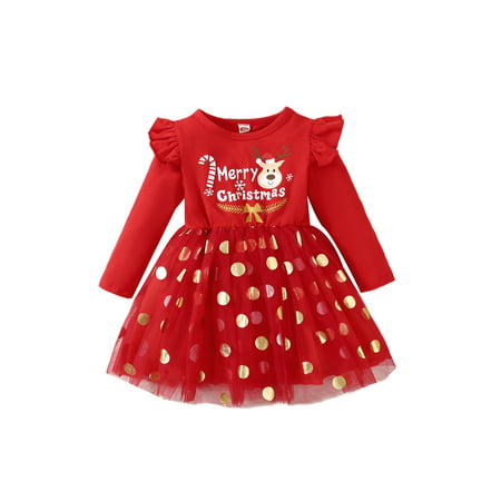 Glookwis Kids Swing Christmas Dresses Cute Party Dress Loose Casual Mesh Long Sleeve Indian English Letters 6222 110cm