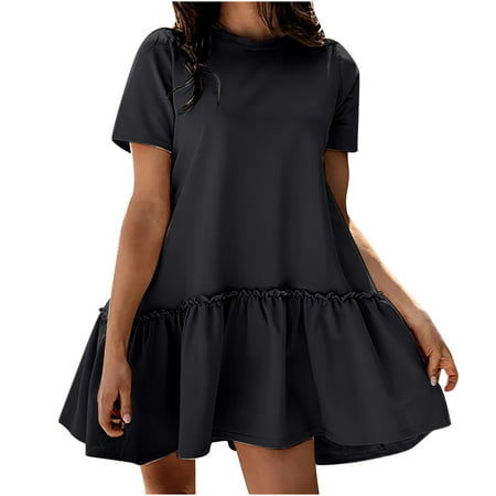 Womens Casual Solid Color Round Neck Short Sleeve Dress Sexy Summer Boho Floral Formal Sundresses Wedding Guest Prom Bodycon Cocktail Dresses A68-5105