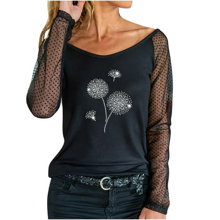 Ladies Off-the-Shoulder Blouse with Hot Diamonds and Sparkling Lace Stitching Long-Sleeved Blouse Tunic Tops 2564