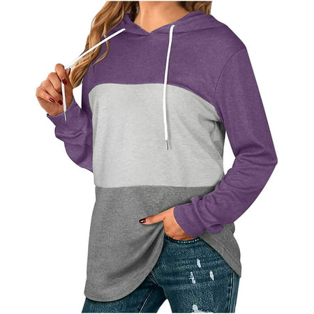 Women Hoodies Clearance Casual Patchwork Pullover Hooded Drawstring Hoodies Blouse Tops Sweatshirt