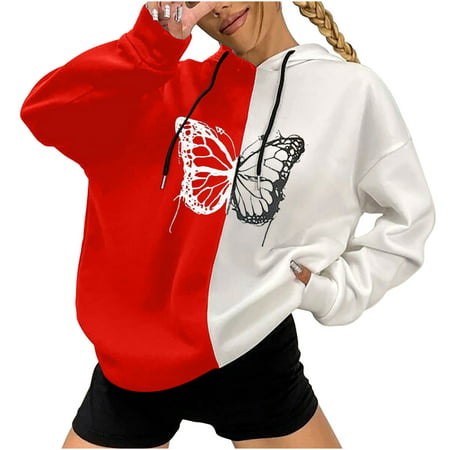 Women Fall Hoodies Clearance Winter Pullover Hooded Dark Punk Print Stitching Thin Loose Hooded Collar Sweater Coat
