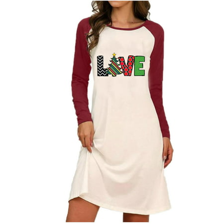 Usupdd Long Sleeve Dress for Women Women S O-neck Christmas Print Long Sleeve Casual Wild Dress Loose Dresses WLL221007-7525