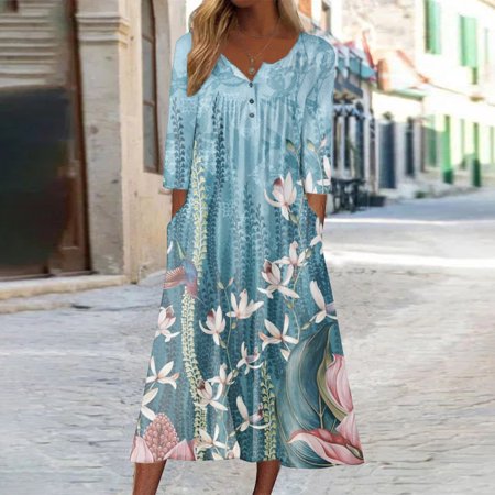 Fall Dresses for Women 7751 Women S Fashion Printed Pockets Long Sleeve Buttons Pullover Dress TEELON