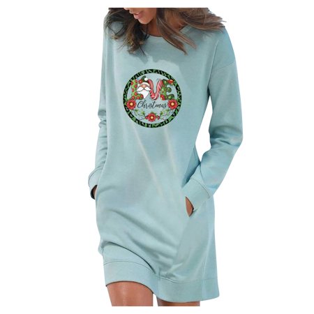Dresses for Women 3619 Wedding Guest Dresses for Women Women S Casual Solid Color Long Sleeve Round Neck Pocket Dress Merry Christmas TEELON