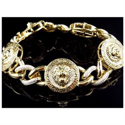 Yellow Gold Lion Head Face Medallion Charm Miami Cuban Link Diamond Bracelet (2.0ct)