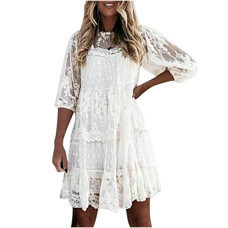 Usupdd Fall Dresses for Women 7287 Women S Fashion Sexy Crewneck 3/4 Sleeve Hollow Out Lace Solid Mini Dresses WBB221007-5266