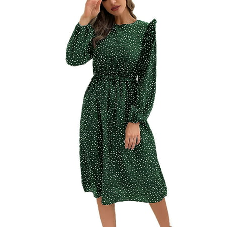 Usupdd Women S Fashion Long Sleeve Round Neck Dot Printed Ruffles Casual Button Dress Womens Workout Tops Plus Size Shirts Usupdd 220729-6990