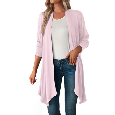 Labakihah Womens Fall Fashion 2292 Women Fashion Solid Color Long Sleeve Cardigan Long Loose Top Jacket Coat Pink