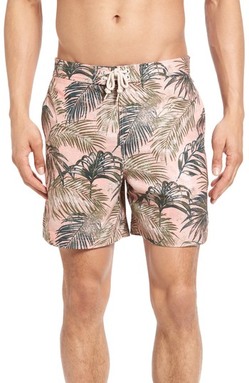 Men's Original Penguin Tropical Leaf Volley Swim Trunks, Size 31 - Coral