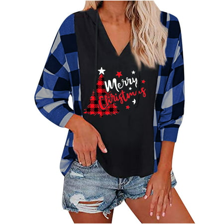 Women Fall Hoodies Clearance Hooded Pullover for Hoodies Chirstmas Print Casual Long Sleeve V-Neck Sweatshirts