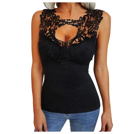 Womens Casual Solid Color Lace Stitching Hollow Sleeveless Vest T Shirt Summer Cute Graphic Tees Tops Workout T-Shirts Going Out Tshirts A67-12989