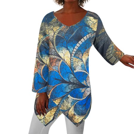 Miximx Women Tops  Fashion Woman V-Neck Long Sleeve T-Shirt Autumn Printing Loose Blouse Tops - Women Tops Fashion Woman V-Neck a-a#14836 Female