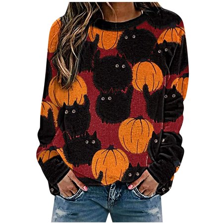 Long Sleeve Tops for Women  Women S Tshirts Plus Size Shirts Black Tshirt Women Pack Halloween Fashion Women S Casual Printed Ladies Sweatshirt Tops S