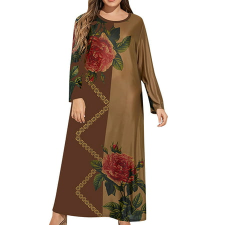 Usupdd Fall Dresses for Women 6744 Plus Size Women Casual Loose Printed Long-sleeve Crew-Neck Dress WBB221007-4723