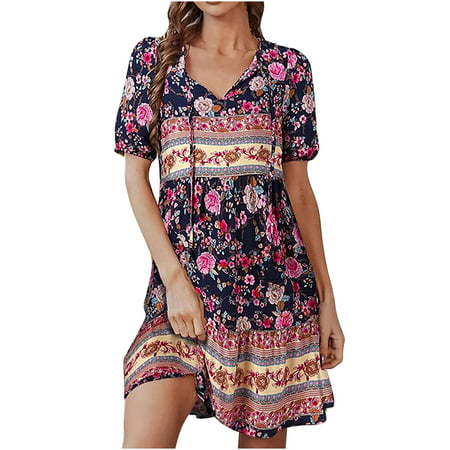 Usupdd Long Sleeve Dress for Women Women S Summer Short Sleeve Floral Printed Lace Dresses WLL221007-5797