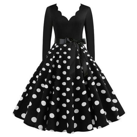 Usupdd Womens Dresses Women S V-Neck Retro Print Polka-Dot Long-Sleeved Casual Bow Tie Stitching Large Swing Dress Female Sundress 22020801-6858
