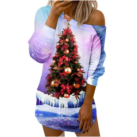 Usupdd Fall Dresses for Women 9980 Women S Fashion Slanted Shoulder Santa Snowman Snowflake Print Mini Dress Long Sleeve Holiday Home Dress Female Cas