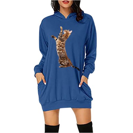 Usupdd Fall Dresses for Women 7263 Women Cat Printed Hooded Buttocks Pocket Fashion and Comfortable Dress Female Casual Dress WCC220913-5242