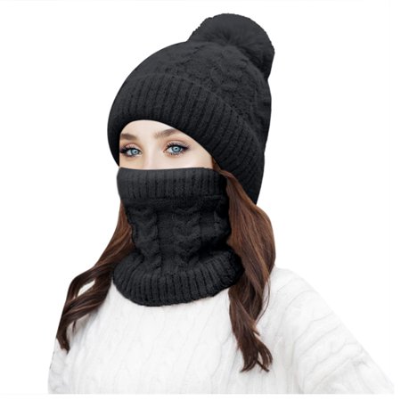 Fashion Women Winter Knit Hat Ball Collar Set Thick Warm Solid Earmuff Hat SA9