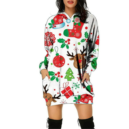 Usupdd Fall Dresses for Women 2022Fashion Casual Women Christmas Print Hooded Pockets Short Sweatshirt Dress Usupdd WAA221006-5588