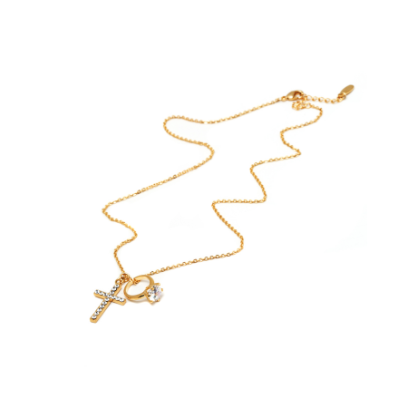 18k Gold Plated Gold and Clear Crystal Cross and Ring Charm Necklace