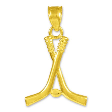 14k Yellow Gold Ice Hockey Sticks and Puck Winter Sports Charm Pendant