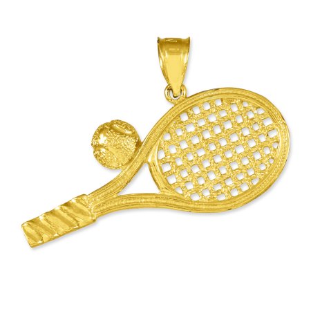 14k Yellow Gold Smashing Racquet and Ball Charm Tennis Pendant