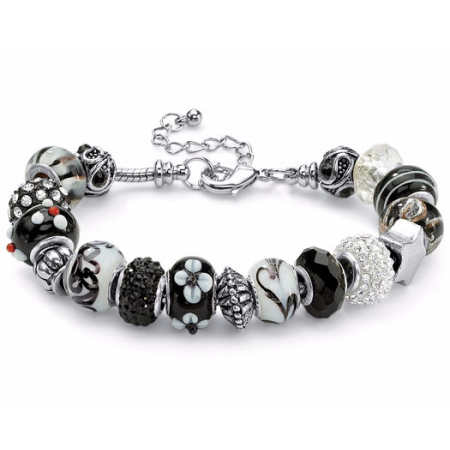 Round Black and White Crystal Silvertone Bali-style Beaded Charm and Spacer Bracelet 8
