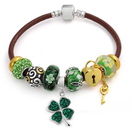 Bling Jewelry Sterling Silver Flower Green Clover Glass Crystal Enamel Charm Bracelet