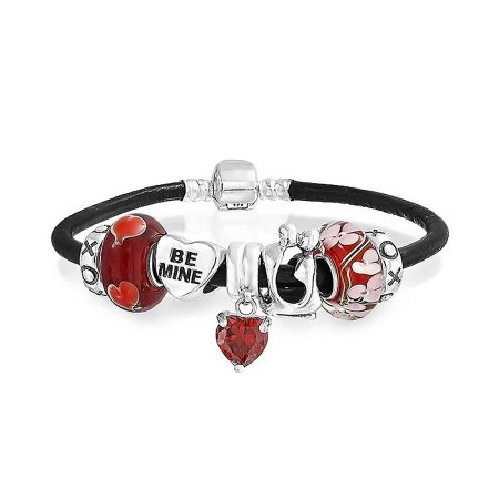 925 Silver Lovers Kiss Red Heart Enamel Glass Bead Charm Bracelet Fits Pandora