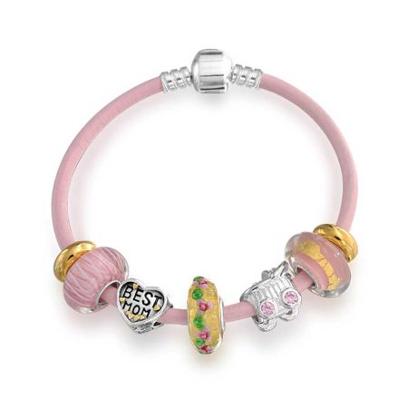 Love Pink Best Mom Heart Silver Glass Enamel Charm Bracelet