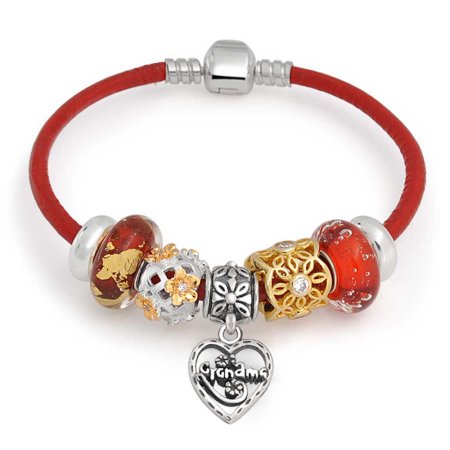 925 Silver Gold Plated Grandma Heart Charm Bead Bracelet with Glass Spacer Clasp Bead