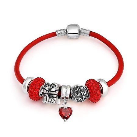 Love Anniversary Relationship Heart Valentine European Bead Charm Bracelet Genuine Red Leather for Women Sterling Silver